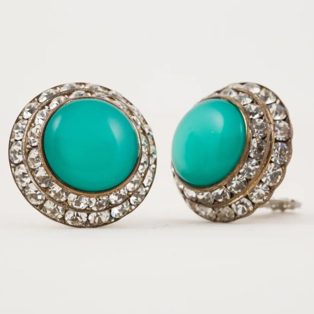 Lisner Vintage Mid-Century Round Rhinestone Turquoise Clip-On Earrings